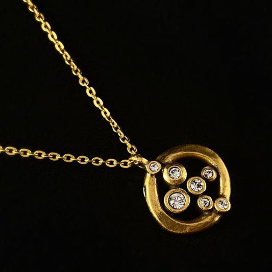 Handmade Gold Circle Pendant Necklace with Cluster of Crystals - Lilypad, Made in USA