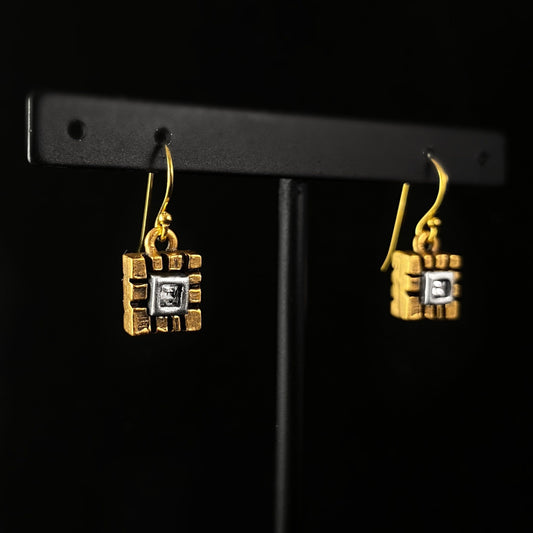 Rook and Crow Handmade Gold Cube Earrings with Silver and Clear Crystal Square Accent