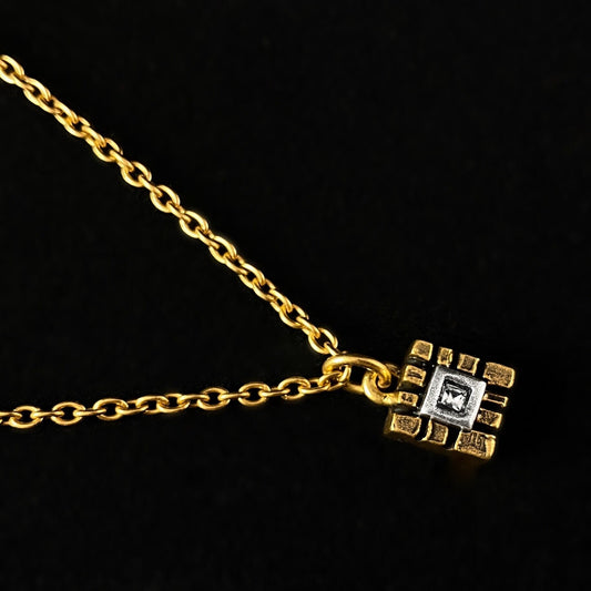Rook and Crow Handmade Gold Cube Pendant Necklace with Silver and Crystal accent, Made in USA