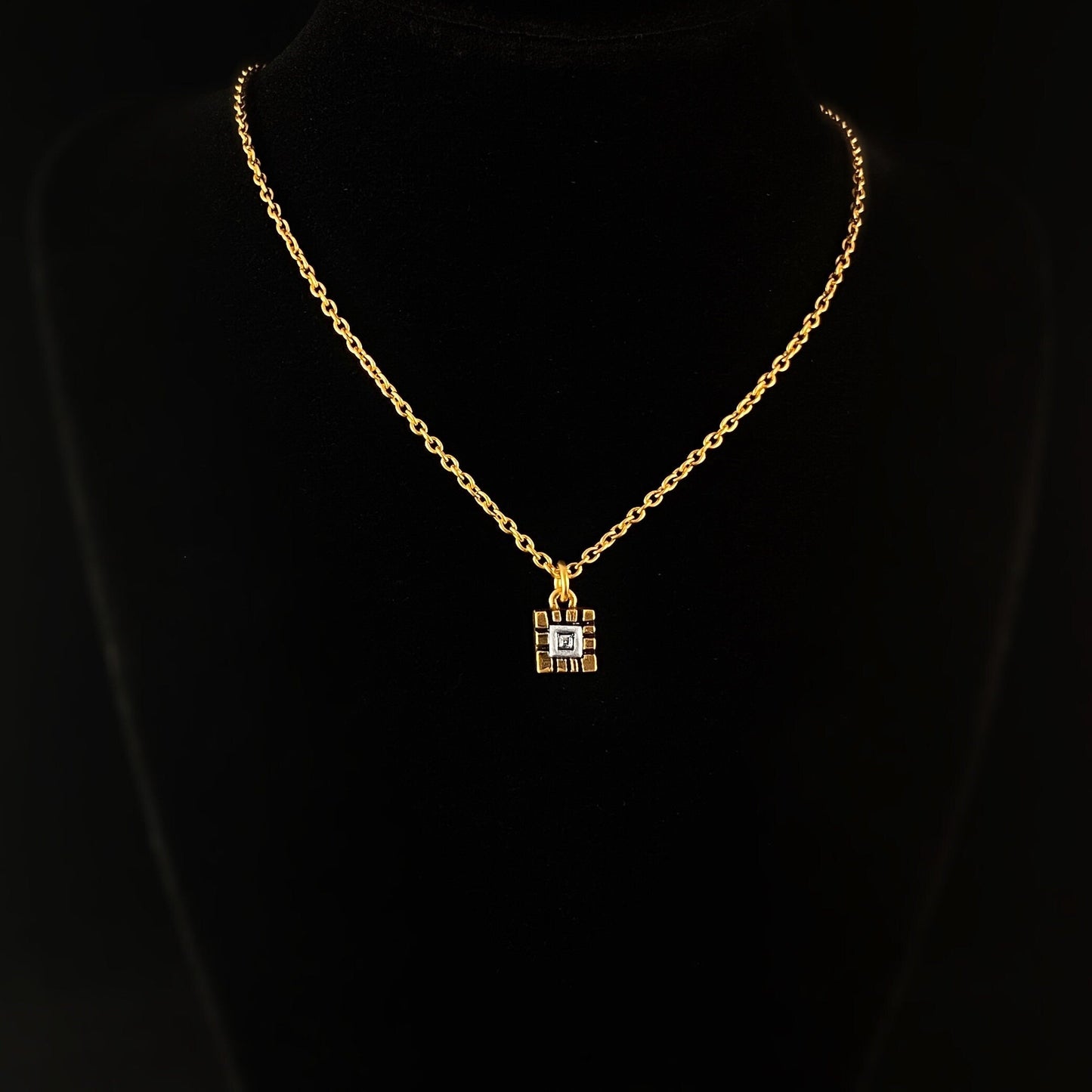 Rook and Crow Handmade Gold Cube Pendant Necklace with Silver and Crystal accent, Made in USA