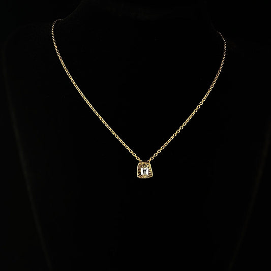 Rook and Crow Handmade Gold Dainty Pendant Necklace With Square Clear Crystal Center Accent - Ray, Made in USA
