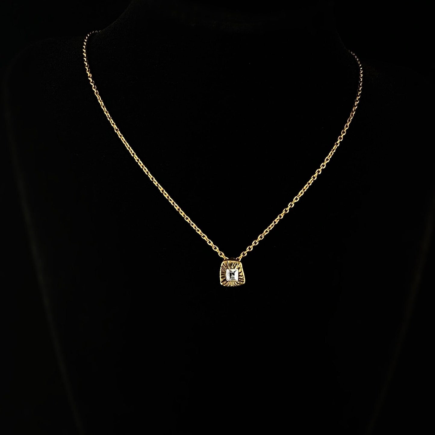 Rook and Crow Handmade Gold Dainty Pendant Necklace With Square Clear Crystal Center Accent - Ray, Made in USA