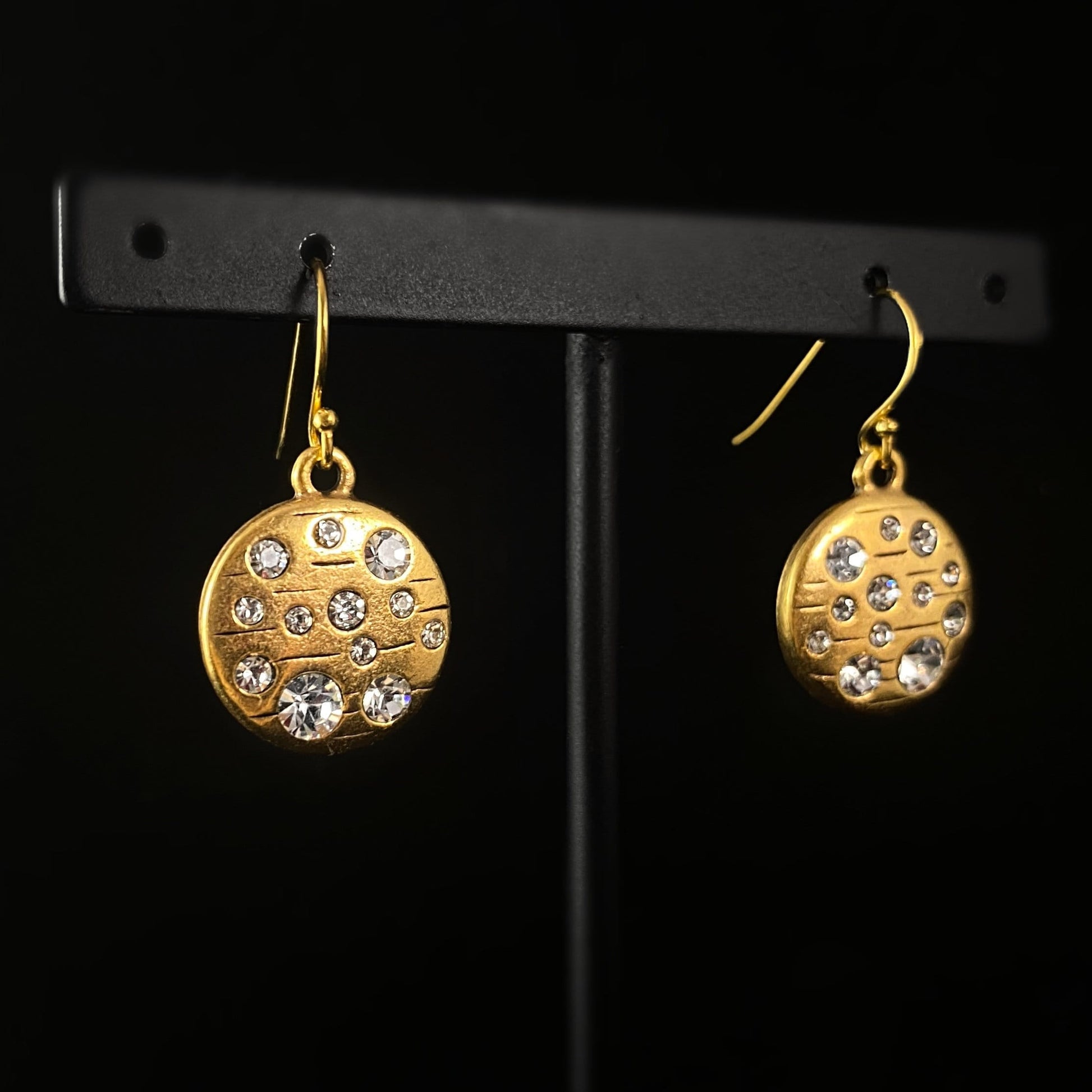 Rook and Crow Handmade Gold Earrings with Constellations of Crystals on Disc - Tiddly