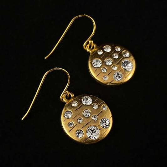Rook and Crow Handmade Gold Earrings with Constellations of Crystals on Disc - Tiddly