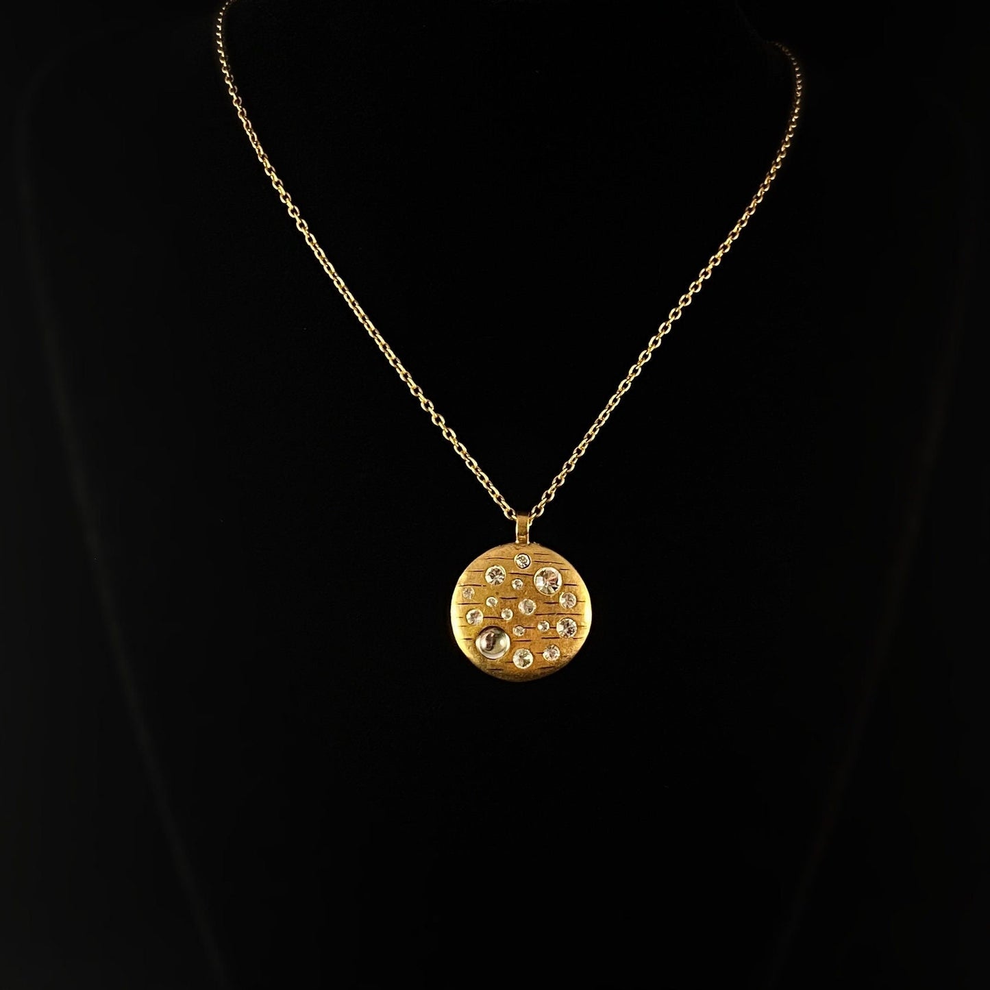 Rook and Crow Handmade Gold Necklace with Constellations of Crystals on Gold Disc- Wink, Made in USA