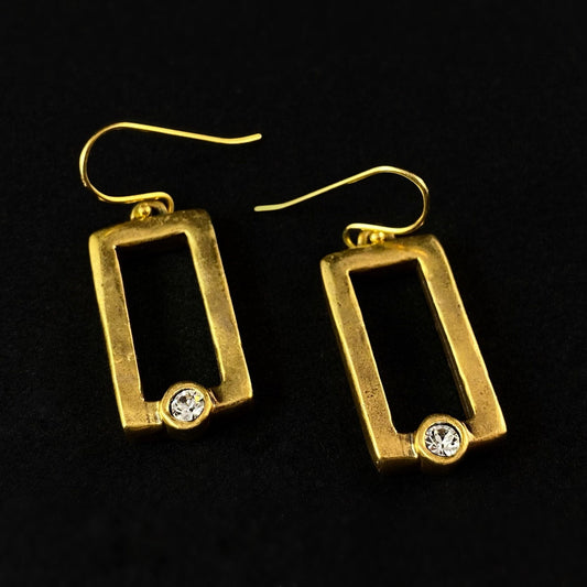 Rook and Crow Handmade Gold Rectangle Earrings with Crystals
