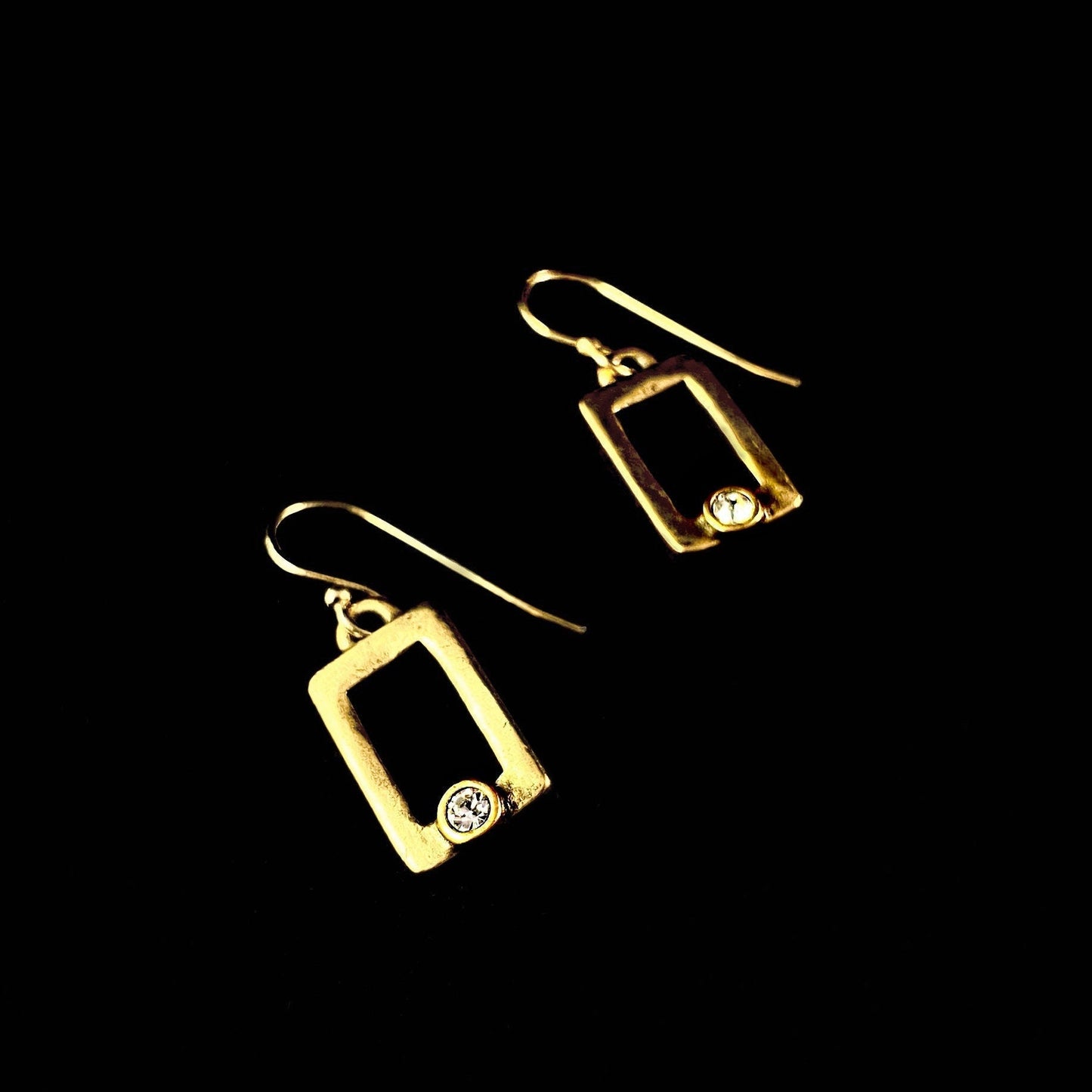 Rook and Crow Handmade Gold Rectangle Earrings with Crystals - Pane