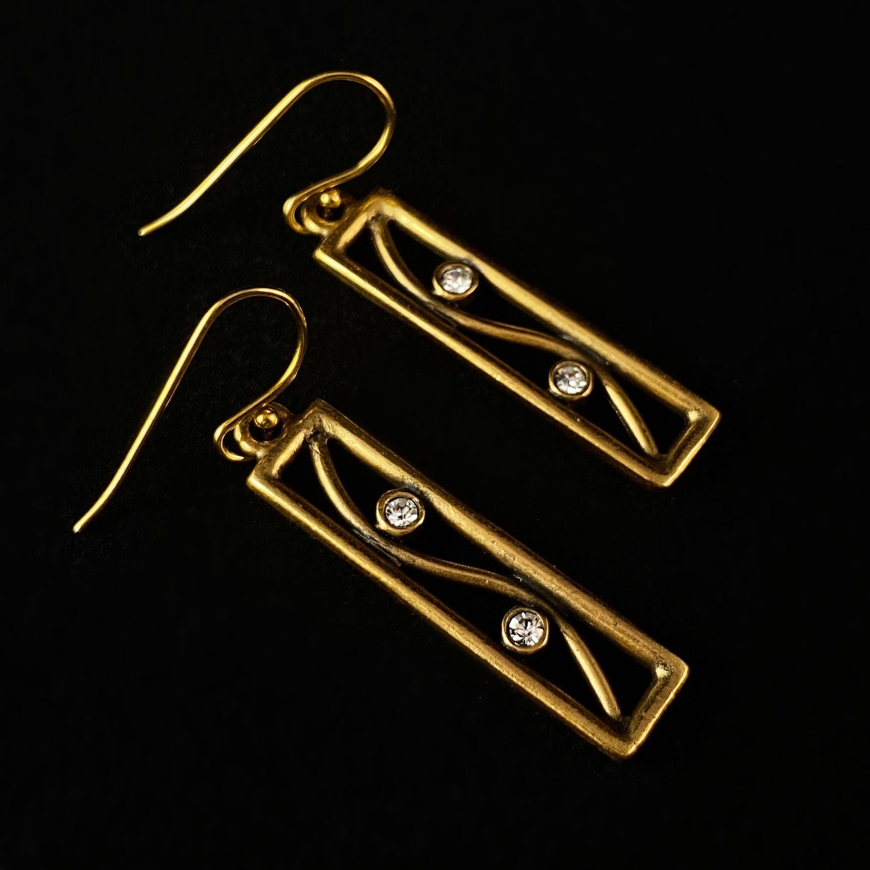 Rook and Crow Handmade Gold Rectangle Earrings with Screen of Crystal Accents - Trellis -Made in USA