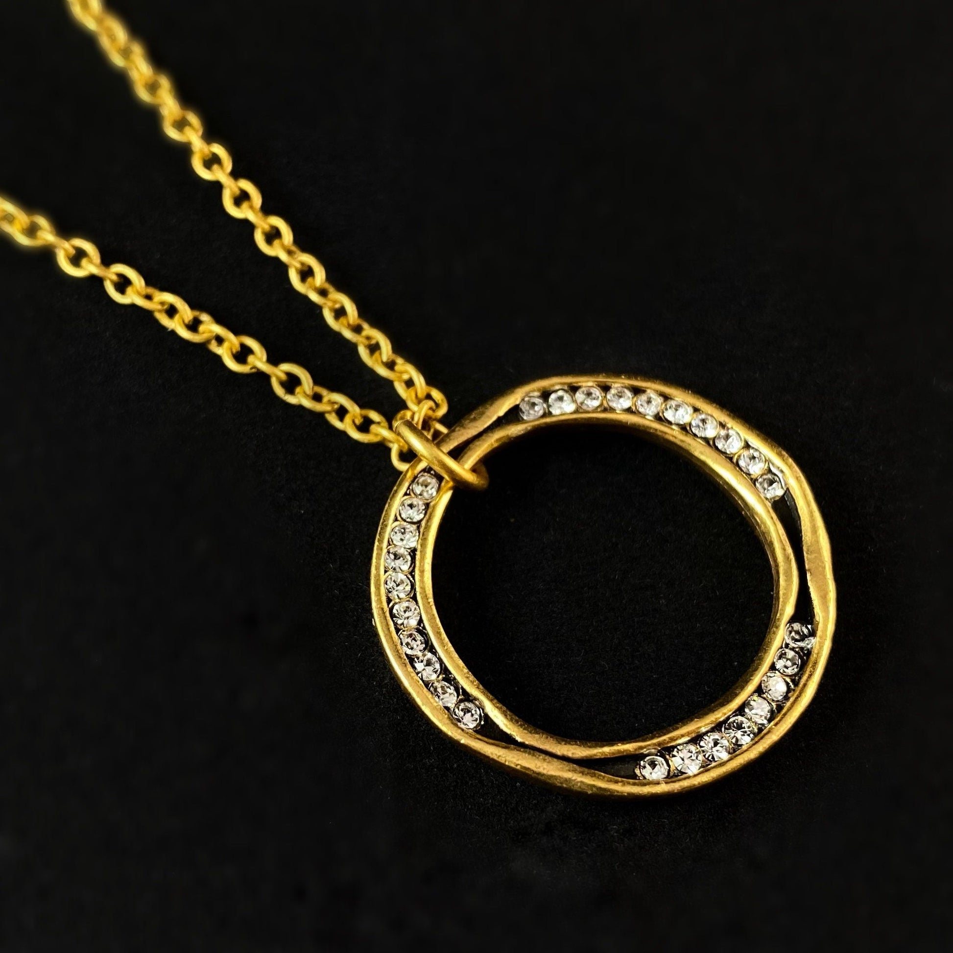 Handmade Round Gold Pendant Necklace with Crystals, Made in USA