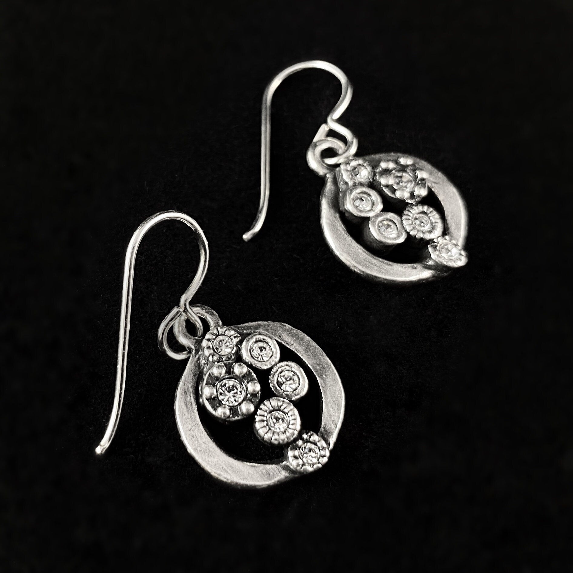Handmade Silver Circle Earrings with Crystals - Lily Pad
