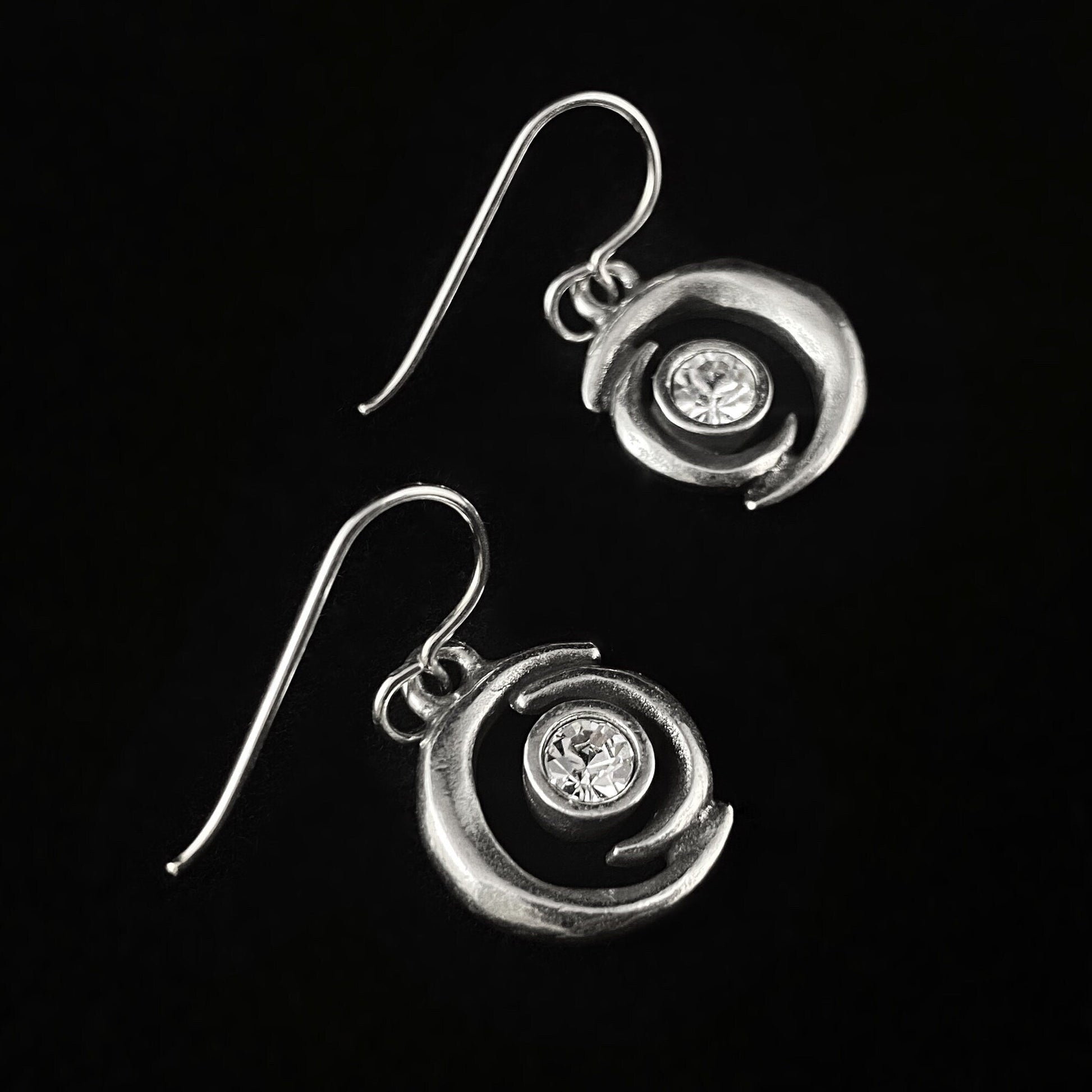 Handmade Silver Concentric Moons Drop Earrings with Crystals, Made in USA - Abracadabra