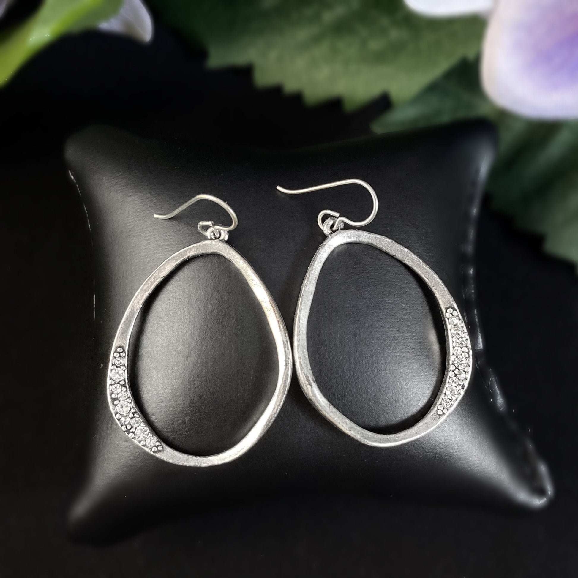 Rook and Crow Handmade Silver Large Oval Earrings with Crystals