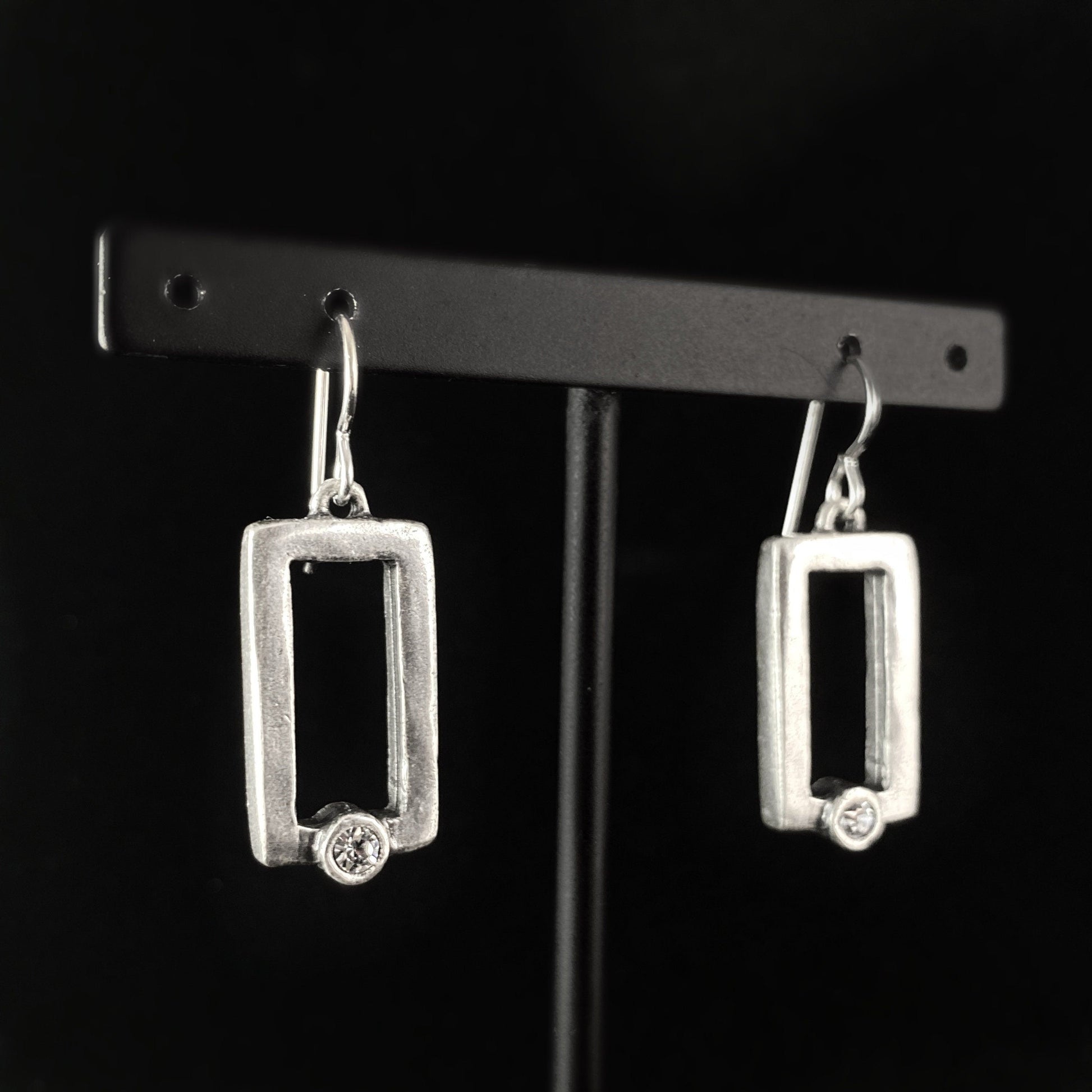 Handmade Silver Rectangle Earrings with Crystals - Big Pane