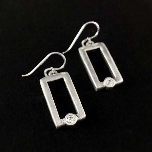Handmade Silver Rectangle Earrings with Crystals - Big Pane