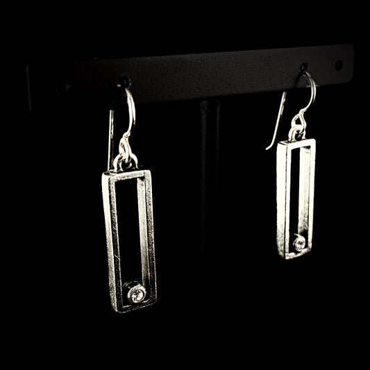 Rook and Crow Handmade Silver Rectangle Earrings with Crystals - Open Window