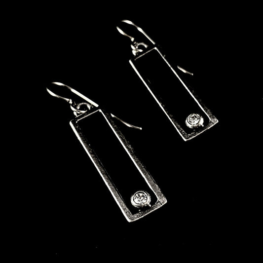 Rook and Crow Handmade Silver Rectangle Earrings with Crystals - Open Window