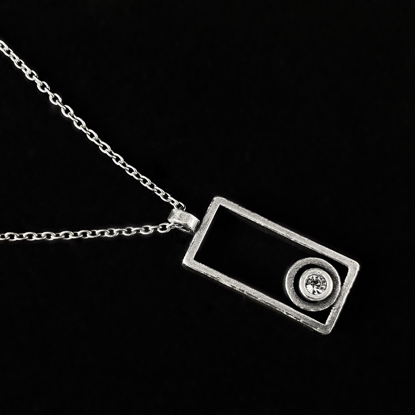 Rook and Crow Handmade Silver Rectangular Pendant Necklace with Round Crystal -Window
