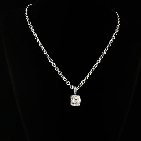 Rook and Crow Handmade Silver Square Pendant Necklace With Square Clear Crystal Center Accent - Chunky, Made in USA