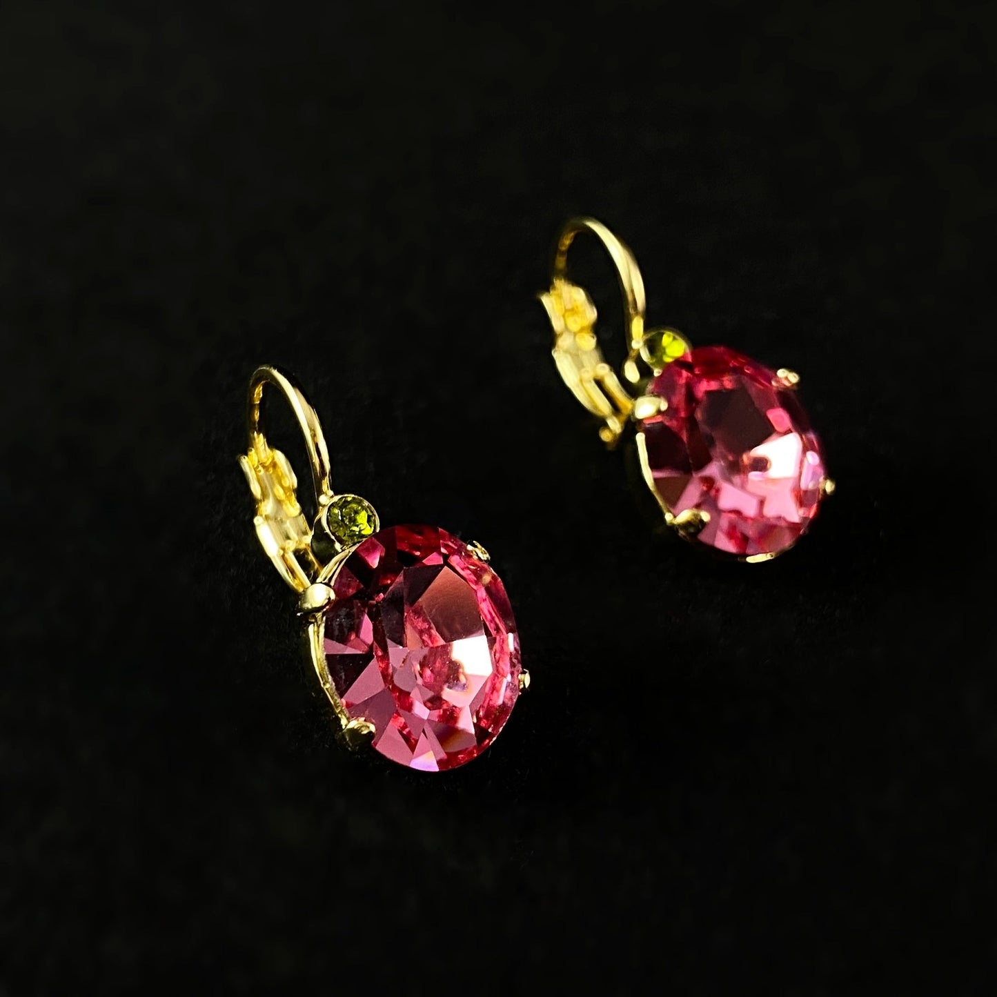 Rose Colored Round Crystal Earrings with Gold Finish