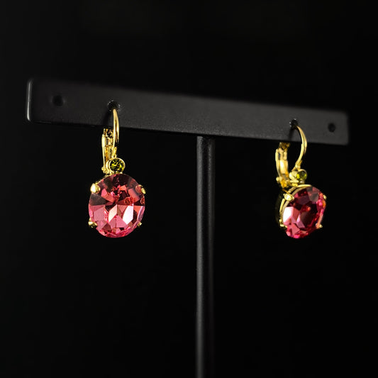 Rose Colored Round Crystal Earrings with Gold Finish