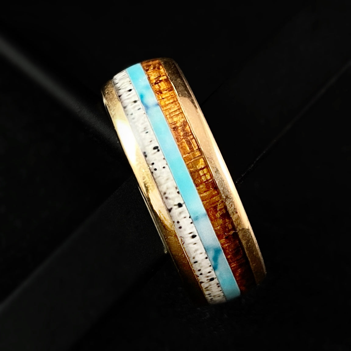 Rose Gold Tungsten Men’s Ring - Wood Turquoise White