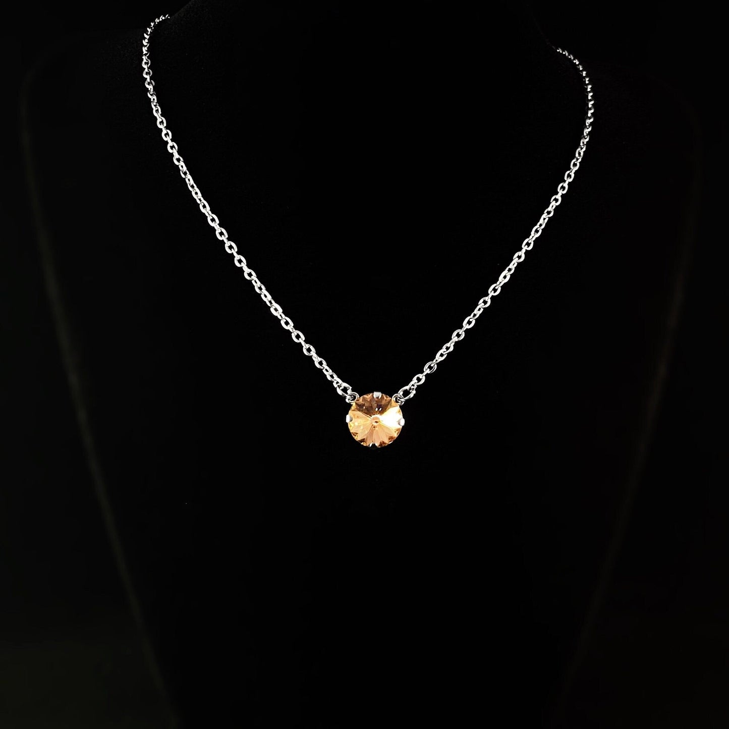 Rose Peach Swarovski Crystal Silver Chain Necklace - VBC