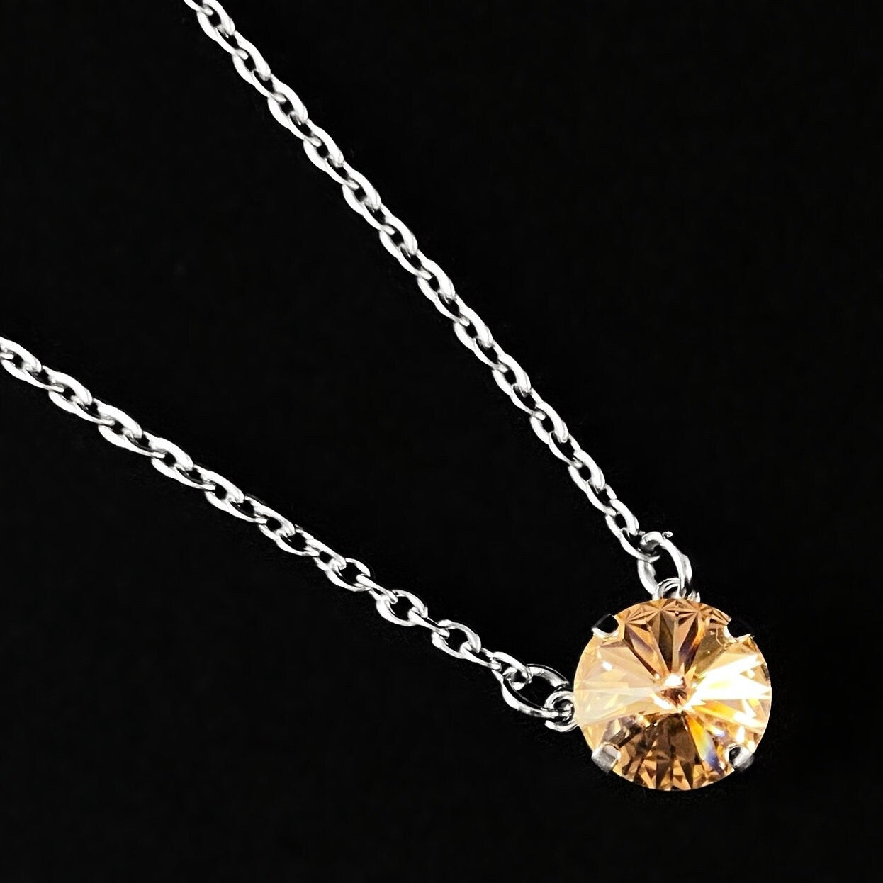 Rose Peach Swarovski Crystal Silver Chain Necklace - VBC