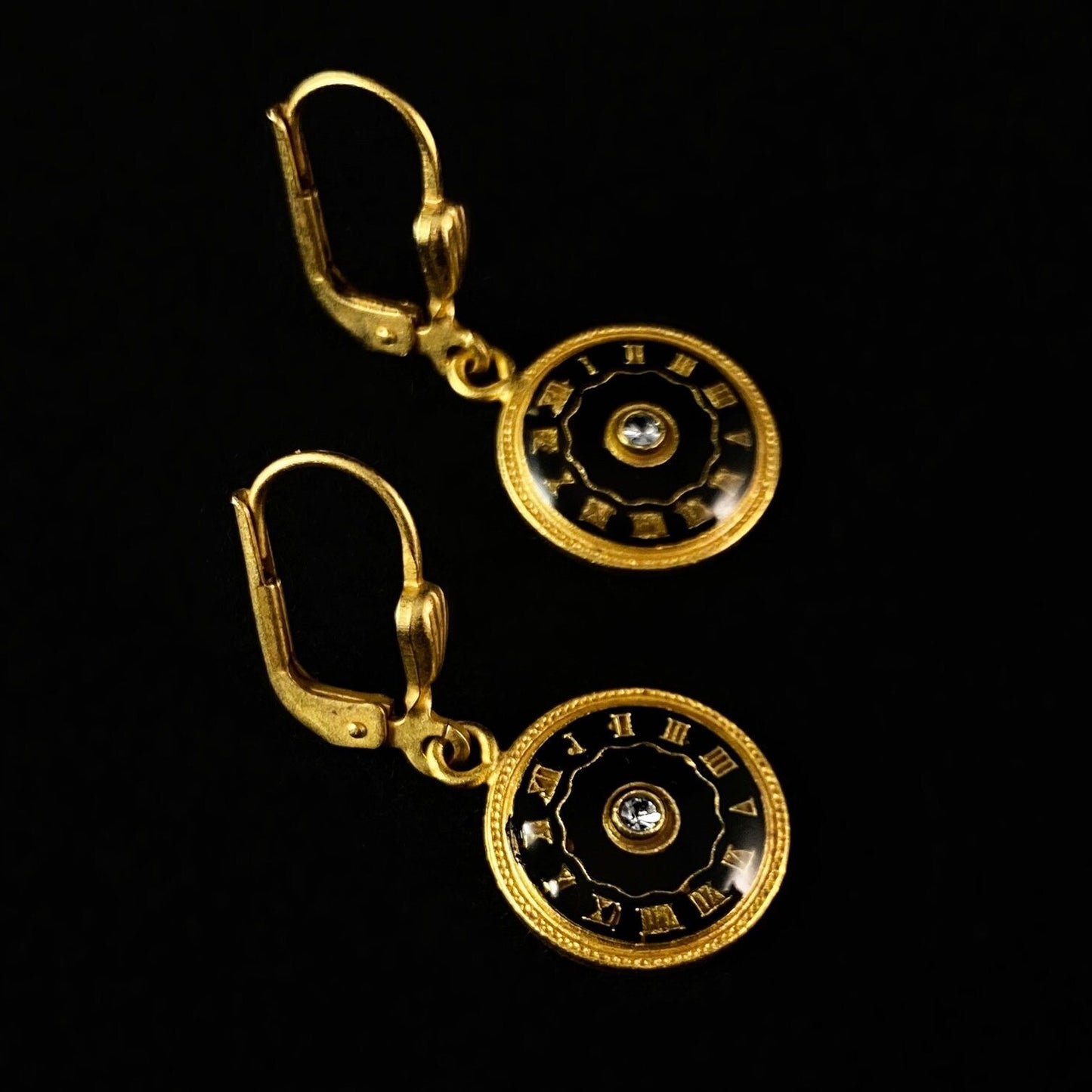 Round Black Enamel Clock Face Drop Earrings with Small Swarovski Crystal Detail - La Vie Parisienne by Catherine Popesco