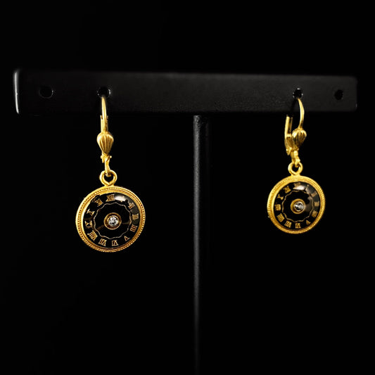 Round Black Enamel Clock Face Drop Earrings with Small Swarovski Crystal Detail - La Vie Parisienne by Catherine Popesco