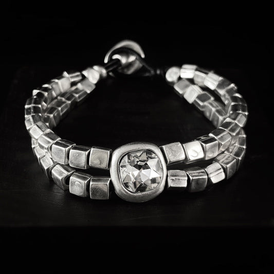 Round Crystal Bracelet with Square Silver Beads and Leather Closure, Handmade, Nickel Free-Noir