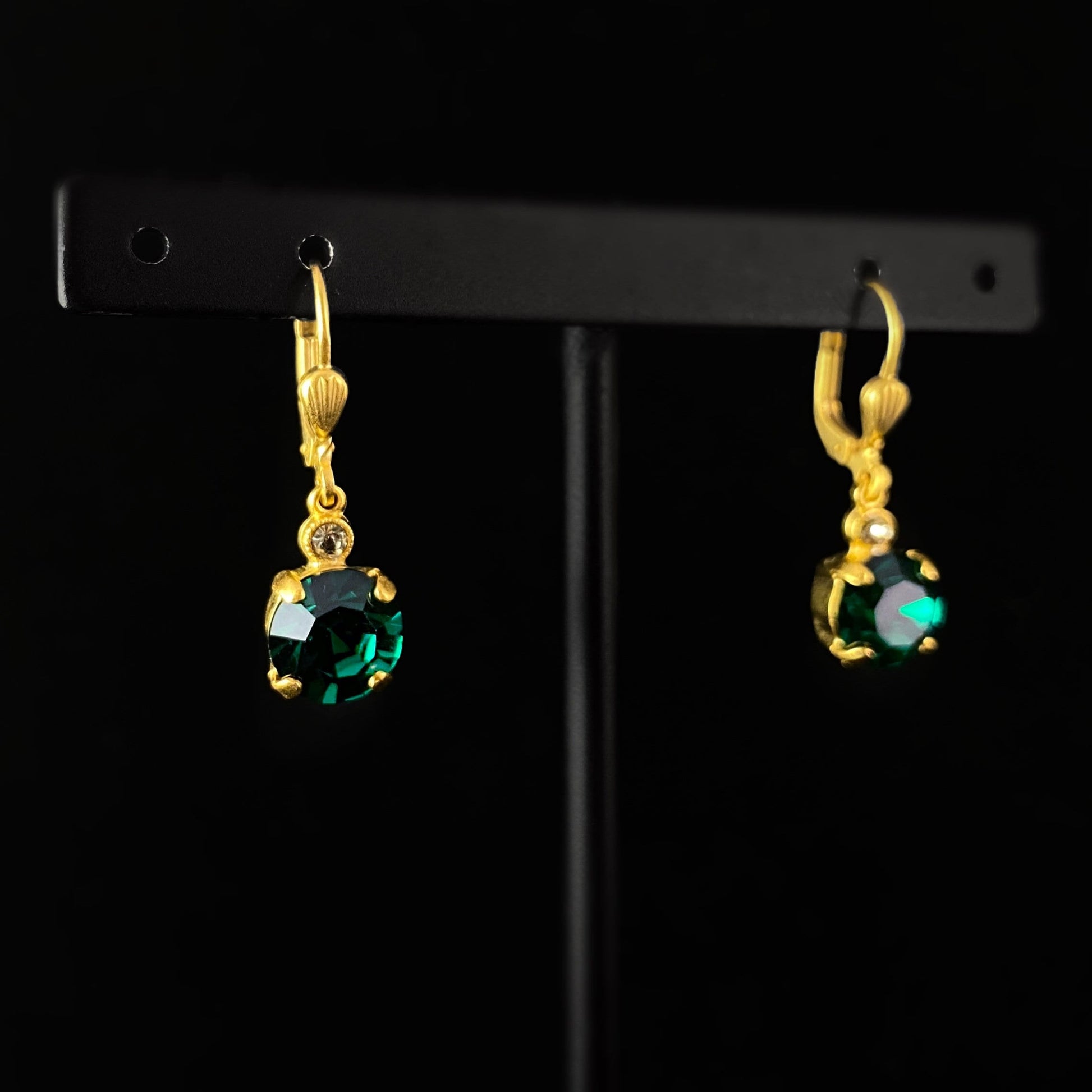 Round Cut Swarovski Crystal Drop Earrings, Rich Forest Green - La Vie Parisienne by Catherine Popesco