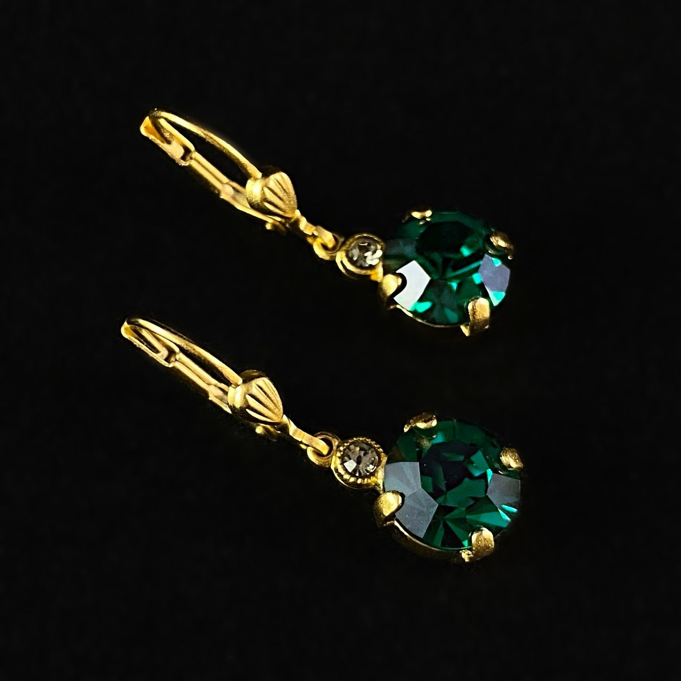 Round Cut Swarovski Crystal Drop Earrings, Rich Forest Green - La Vie Parisienne by Catherine Popesco
