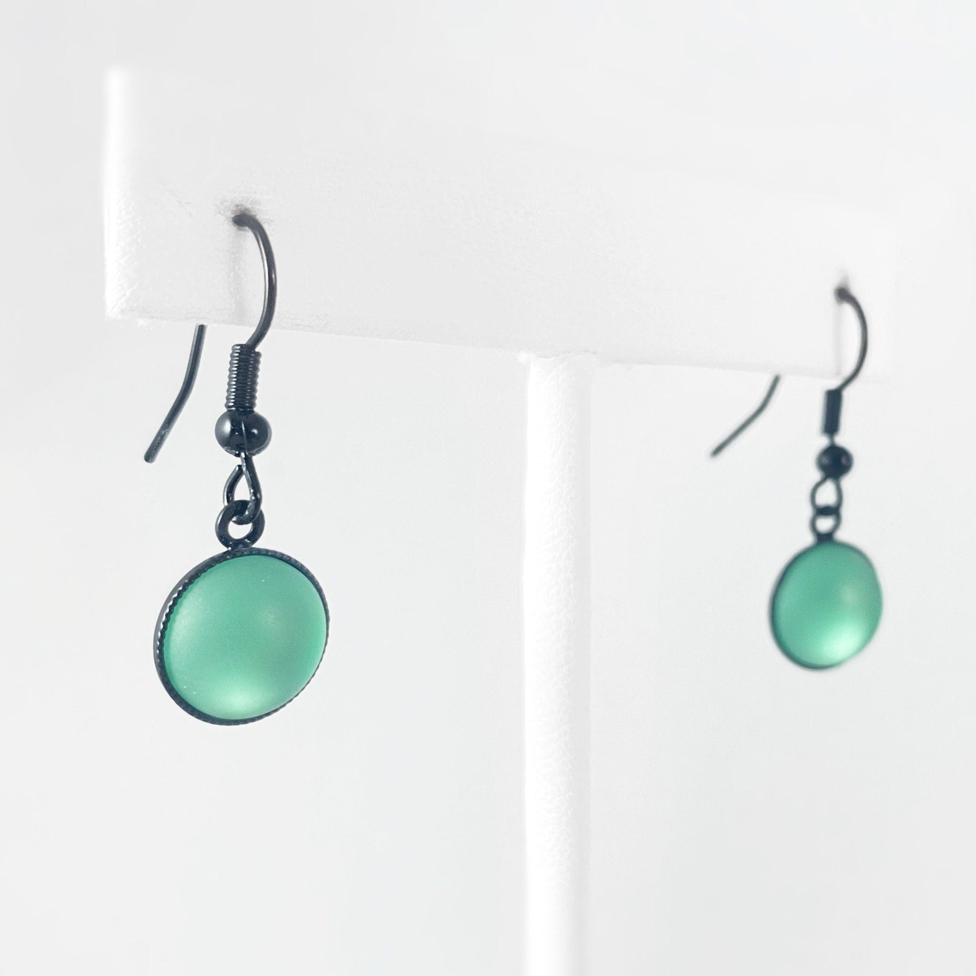Round Earrings with Black Wire and Handmade Glass Beads, Hypoallergenic, Mint Green - Kristina