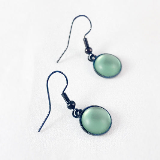 Round Earrings with Black Wire and Handmade Glass Beads, Hypoallergenic, Sage Green - Kristina