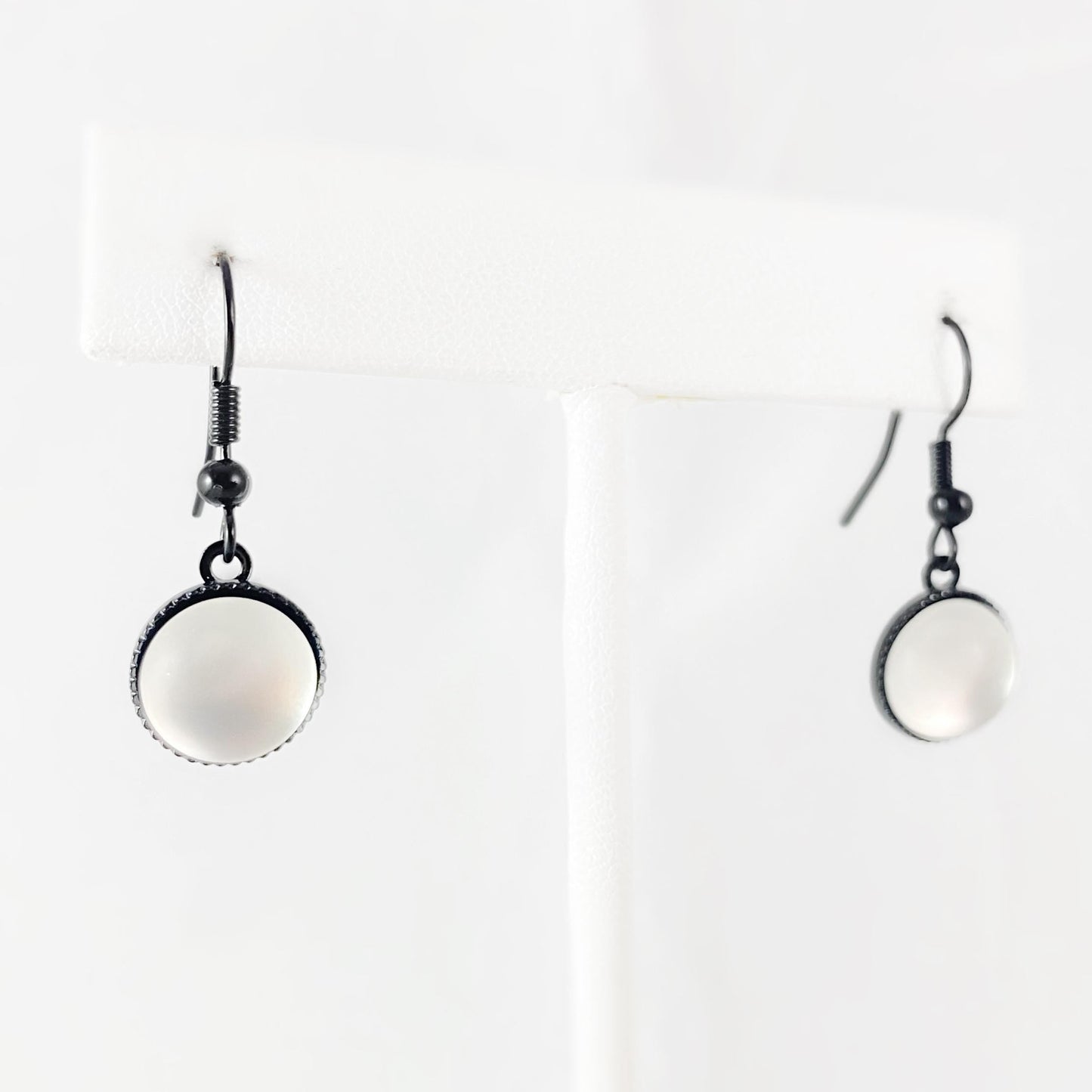 Round Earrings with Black Wire and Handmade Glass Beads, Hypoallergenic, White - Kristina