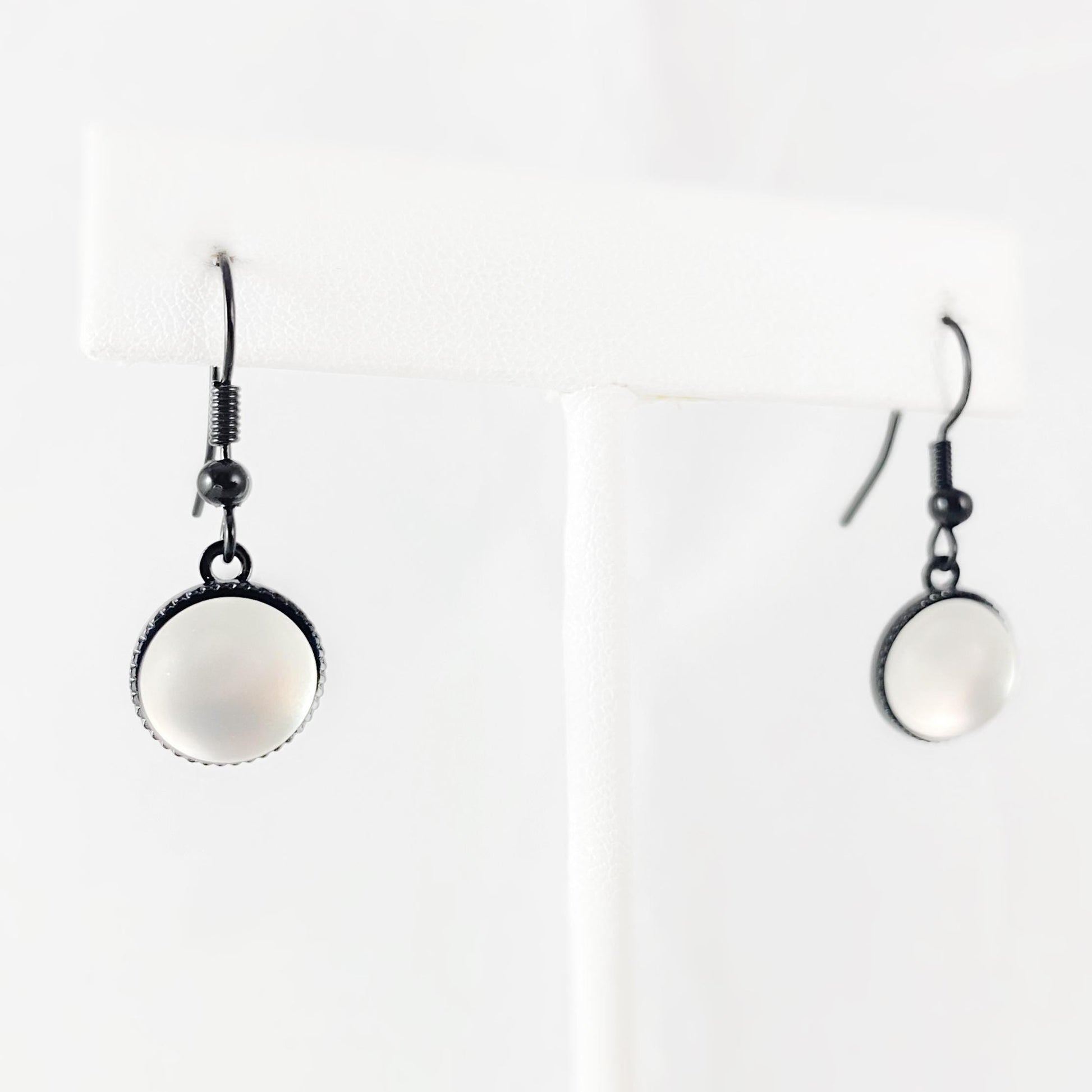 Round Earrings with Black Wire and Handmade Glass Beads, Hypoallergenic, White - Kristina