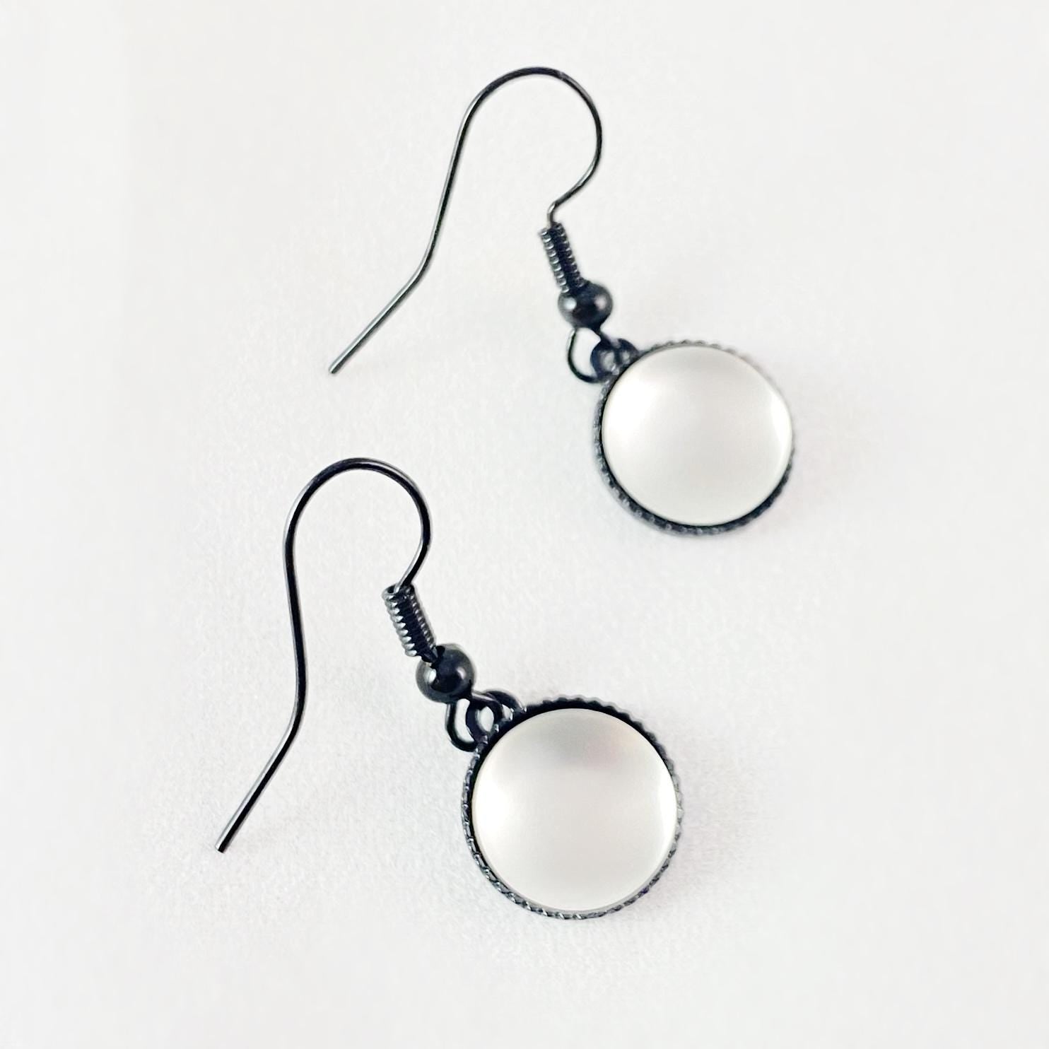 Round Earrings with Black Wire and Handmade Glass Beads, Hypoallergenic, White - Kristina