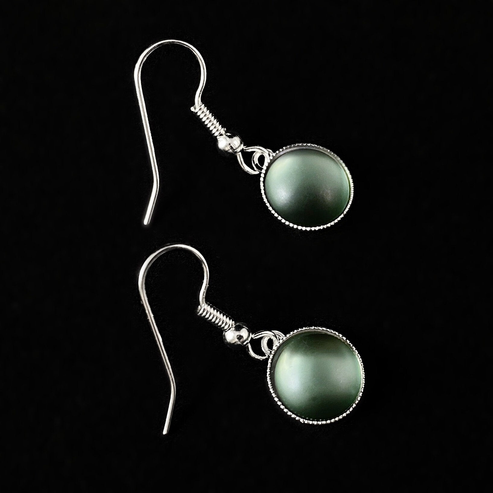 Round Earrings with Silver Wire and Handmade Glass Beads, Hypoallergenic, Sage Green - Kristina