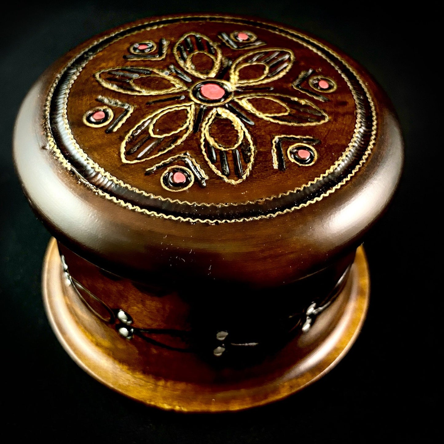 Round Floral Patterned Jewelry Box, Handmade Wooden Treasure Box