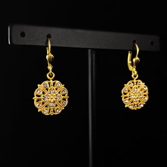 Round Gold Filigree Earrings with Clear Swarovski Crystals - La Vie Parisienne by Catherine Popesco