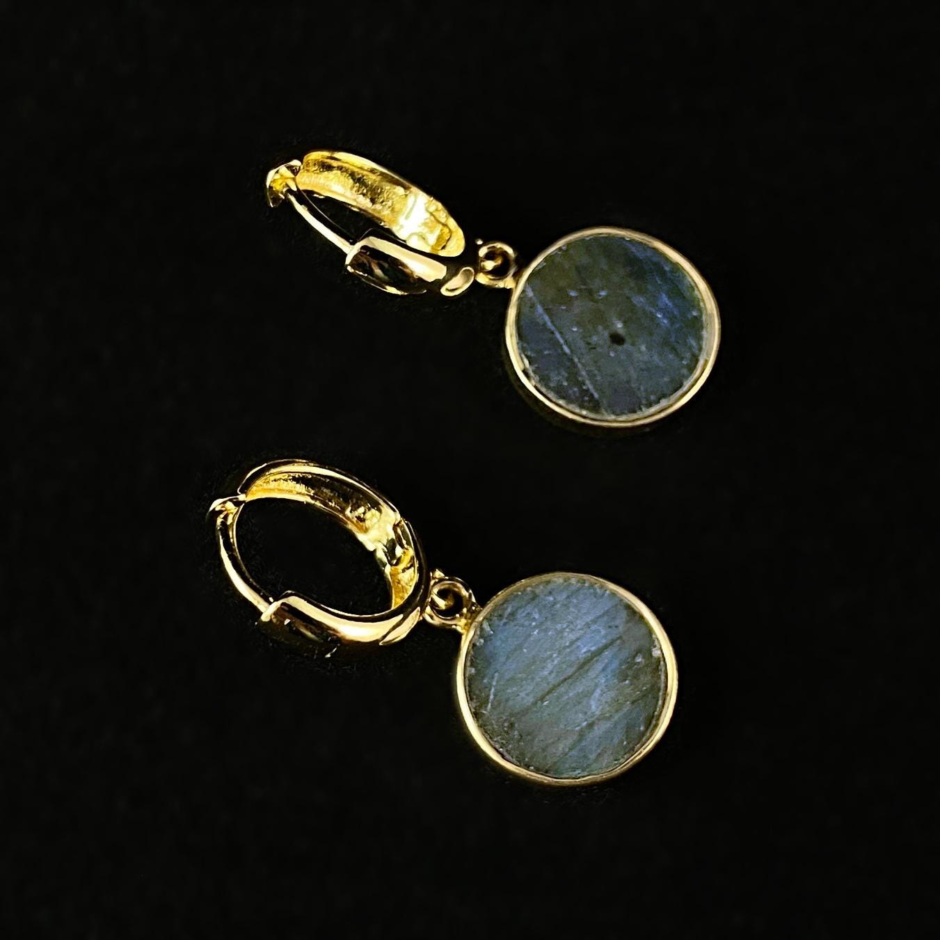 Round Labradorite Gold Drop Hoop Earrings - Athena