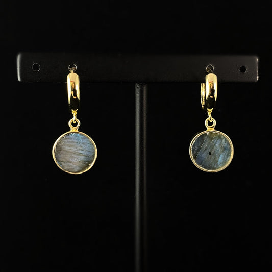 Round Labradorite Gold Drop Hoop Earrings - Athena