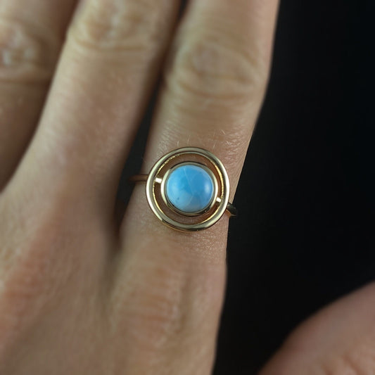 Round Natural Blue Larimar Ring with Gold Band, Size 7 - Eclipse