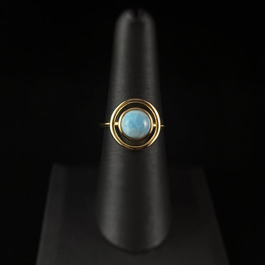 Round Natural Blue Larimar Ring with Gold Band, Size 7 - Eclipse