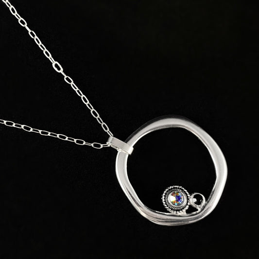 Round Pendant and Crystal Accents on Silver Chain Necklace - Handmade, Nickel Free - Ulla