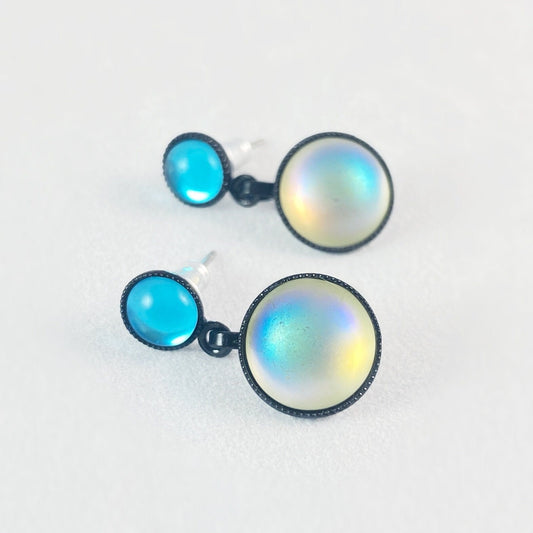 Round Post Earrings with Black Wire and Handmade Glass Beads, Hypoallergenic, Blue/Opal - Kristina