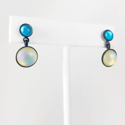 Round Post Earrings with Black Wire and Handmade Glass Beads, Hypoallergenic, Blue/Opal - Kristina