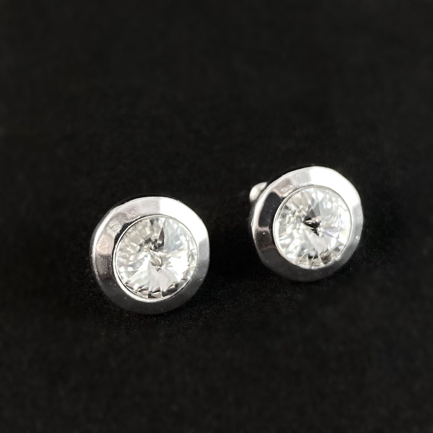 Round Silver Stud Earrings with Crystal, Handmade Nickel Free