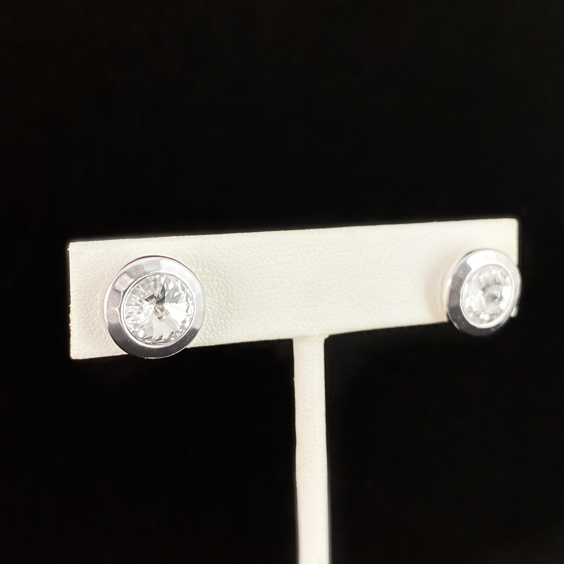 Round Silver Stud Earrings with Crystal, Handmade Nickel Free