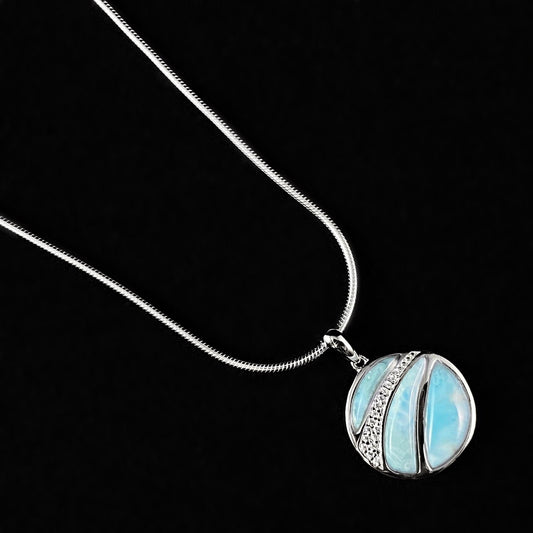 Round Sterling Silver Necklace with Natural Larimar Stones